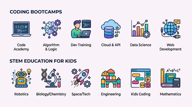 Educational technology icons set for coding bootcamps and STEM education representing digital learning concepts with vibrant modern graphics.
