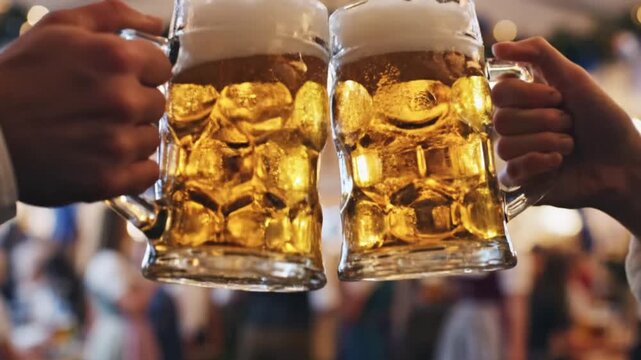 Close-up of Two Beer Mugs Clinking in a Toast at a Lively Oktoberfest Celebration