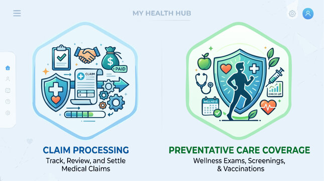 Health insurance icons set for medical claim processing and preventative care coverage workflow, representing comprehensive digital insurance solutions for clinical administration and patien