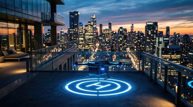 Delivery drone hovering over a glowing landing pad on a city balcony at night