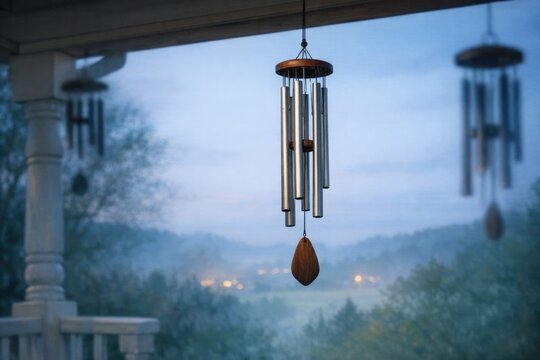 Close-up shot of a wind chime hanging from a porch