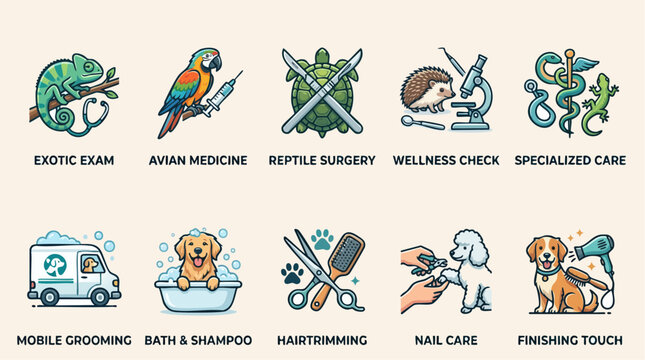 Set of professional veterinary care icons featuring exotic animal clinics and pet grooming services, depicted as colorful and detailed vector illustrations for medical and pet care branding.