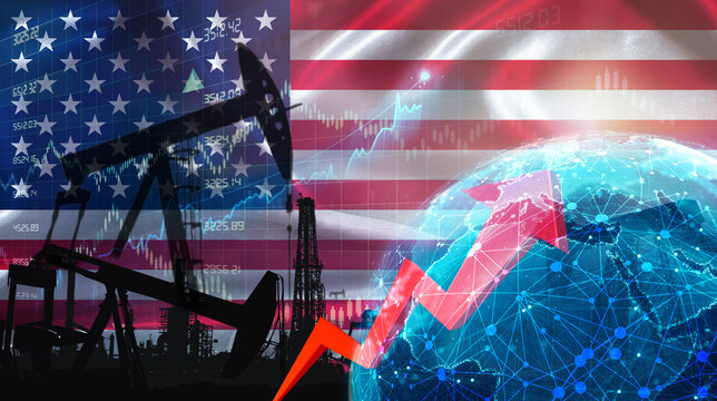 Global oil growth with American flag. International oil exports with United States flag on the economic chart
