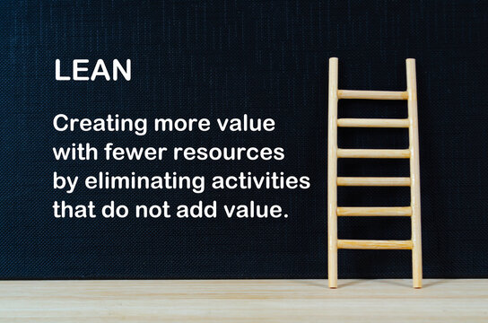 LEAN, Black presentation board with a ladder and Lean concept emphasizing value creation through waste reduction and continuous improvement.