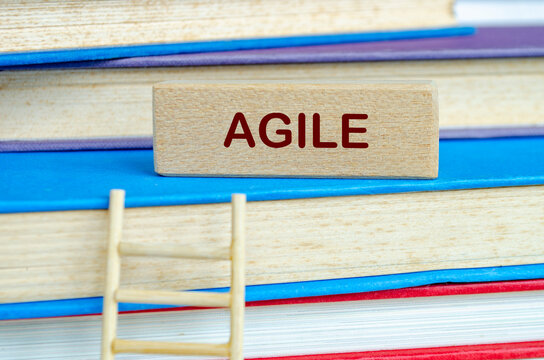AGILE text on wooden block with ladder positioned beside stacked books. Agile concept.