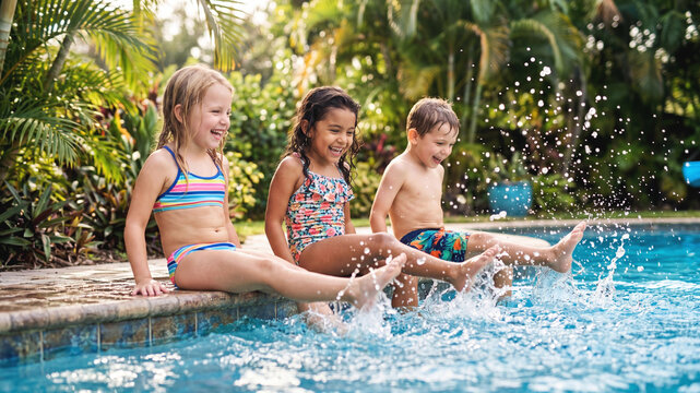 Three happy diverse children sitting on the edge of a tropical swimming pool. Laughing young girls and a boy splashing water with their feet on a bright sunny summer day.