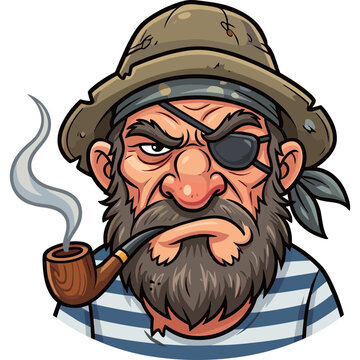 A digital illustration of a pirate man wearing a hat and striped shirt with a bandana and eye patch and looking angry Expressionless.