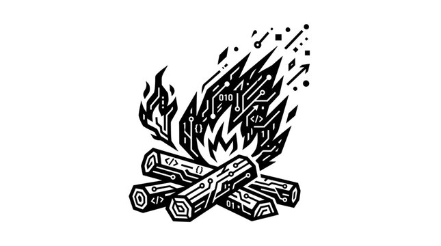 Digital campfire icon with binary code and logs.