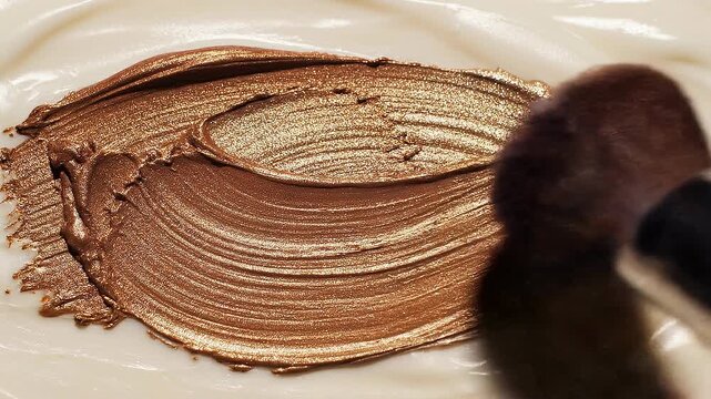 Close up of makeup brush applying shimmering golden bronze eyeshadow on smooth skin surface
