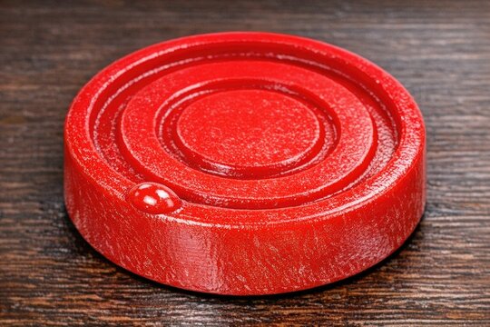 A close-up shot of a bright red object on a table