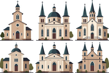 Fototapeta premium Collection of various church building designs with different architectural styles including steeples, domes, and crosses.