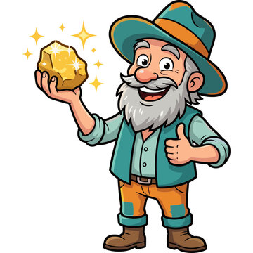 A cartoon man in an outdoor Environment  environment  enthusiastically shows  holding  a large gold object with sparkling  sparkles and smiles with  with Emotions.