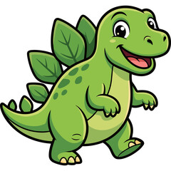 Fototapeta premium A cheerful cartoon dinosaur with green leaves on its back happily runs outside