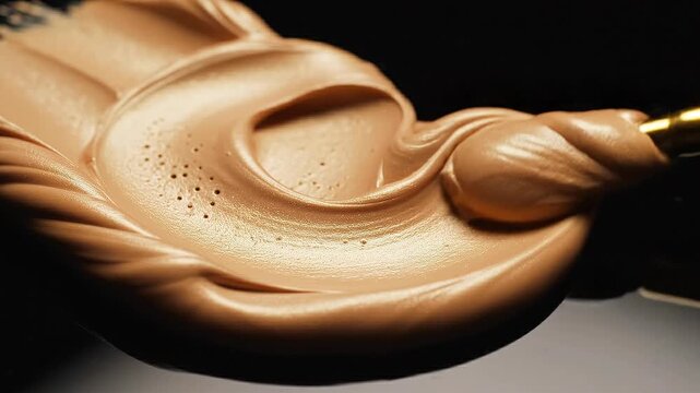 Close up of creamy liquid foundation makeup being applied with a brush on black background