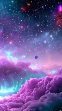 Purple galaxy filled with flickering stars and falling shooting stars, fantasy vertical video featuring cosmic beauty, magical space atmosphere and dreamy celestial wonder