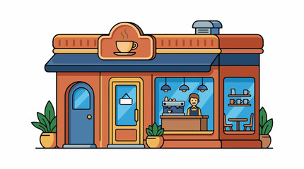 Obraz premium Colorful illustration of a cozy coffee shop with a blue door and a man behind the counter