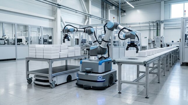 Autonomous mobile robot with dual robotic arms picking boxes in a factory