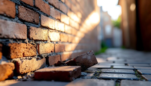 Sunlit brick wall with fallen bricks on pavement.