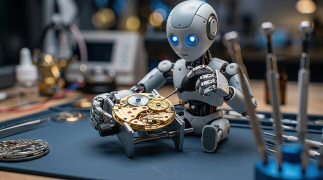 Small robot repairing a mechanical watch movement in a workshop