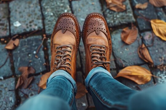 Pov shot of a stylish man wearing brown leather brogue boots and blue jeans standing on a cobblestone street covered with autumn leaves