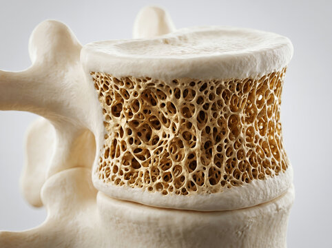 Close-up of a cross-section of a healthy human vertebra, showing trabecular bone structure