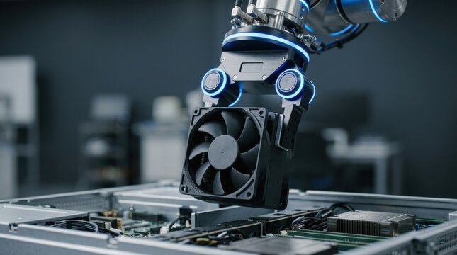 Robotic arm holding a computer cooling fan over a server motherboard