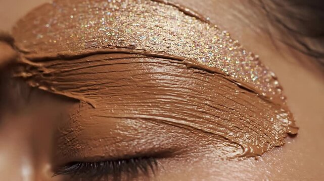 Close up of eye makeup with brown cream eyeshadow and glittery sparkles on eyelid for beauty look