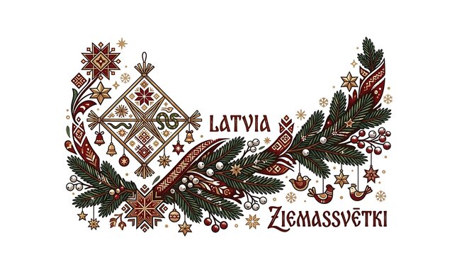Traditional latvian christmas illustration with folk ornaments