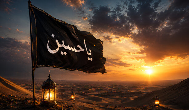 Black Muharram Flags with Arabic Calligraphy in Desert at Sunset