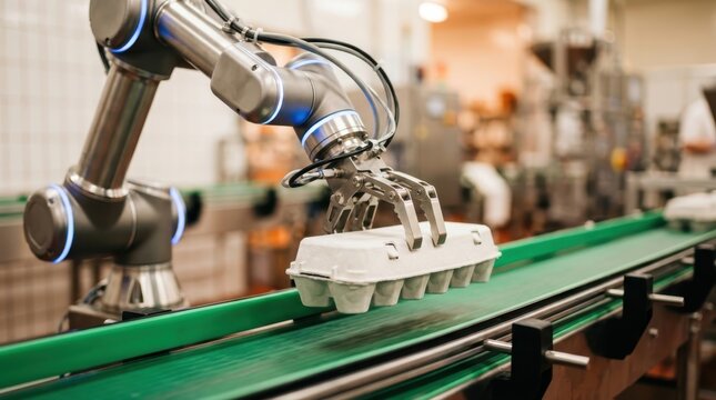 Robotic arm picking up an egg carton from a conveyor belt in a factory