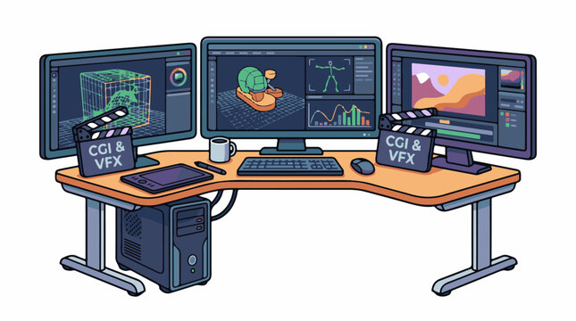 A computer workstation with three monitors displaying various graphics and a clapperboard