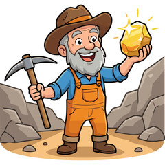 Fototapeta premium A smiling man wearing in blue shirt and brown hat holding holds up in a pickaxes
