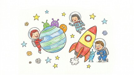 Fototapeta premium Young astronauts and various friendly aliens interact near a planet and a rocket in space