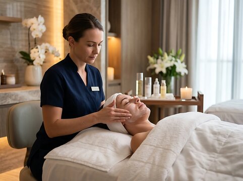 Professional therapist giving a relaxing facial massage to a woman in a luxury spa salon