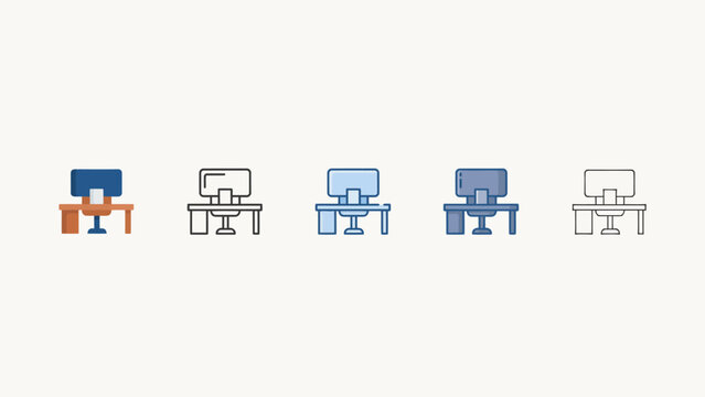 Set of five modern computer workstation icons with different screen colors