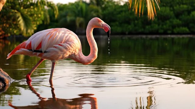 Pink flamingo drinking in calm lagoon, water ripples glow in golden light, greenery behind. Flamingo idea repeated through synonyms: elegant pink bird, graceful wading bird, symbol of exotic nature 