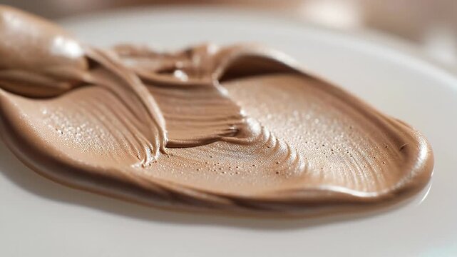 Close up of creamy chocolate spread on white plate with smooth texture and rich brown color