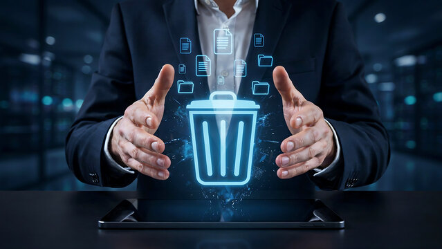 Business person holding glowing digital trash bin icon with document files floating around representing data deletion cleanup computer maintenance security concept studio shot.