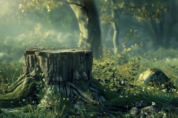 Naklejka premium Mossy tree stump bathed in soft sunlight, creating a tranquil scene in a mysterious forest