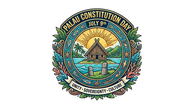 Palau constitution day commemorative emblem with traditional house