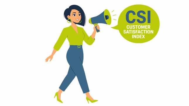 Woman with megaphone promoting customer satisfaction index.
