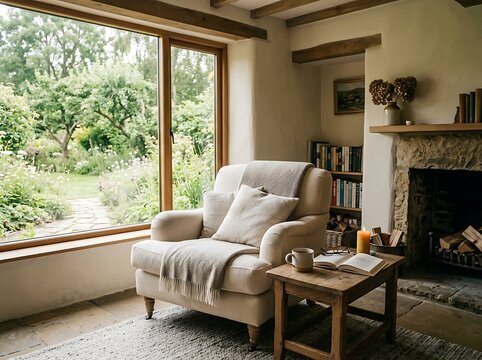 Cozy living room with armchair and fireplace by large window with garden view