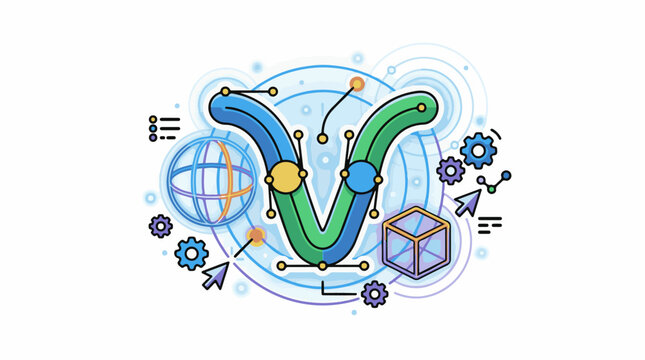 A colorful illustration of a stylized letter with gears, globe and cube