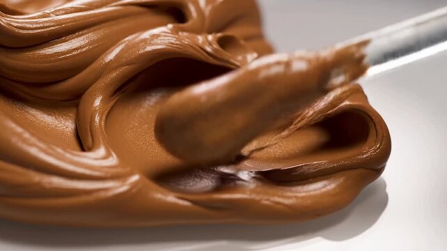 Smooth creamy chocolate spread close up texture on white surface background