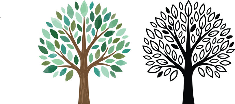 Print Green Leafy Tree and Black Outline Tree Illustration Set
