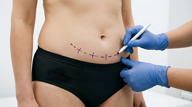 Cosmetic surgery planning doctor marking abdomen for tummy tuck procedure with blue pen