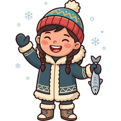 Fototapeta premium A young girl joyfully waves while holding a fish in a winter setting.