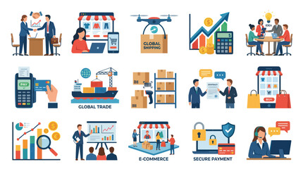 Fototapeta premium Flat Business Icons: E-commerce, Global Trade, Finance, Secure Payment