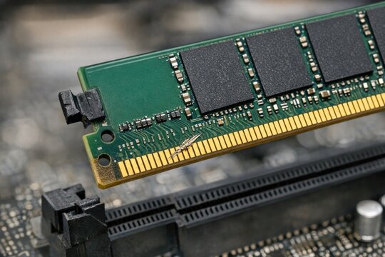 A detailed view of a memory chip on a computer motherboard, useful for technology and electronics related projects