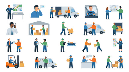 Fototapeta premium Logistics and Delivery Services: People, Vehicles, Warehouse, Icons